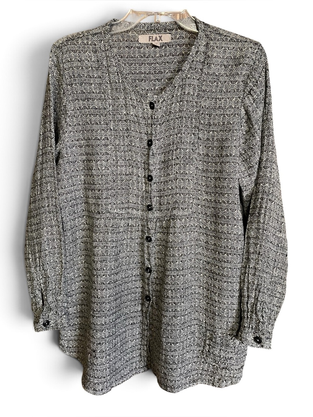 Flax Linen Black and White Patterned Button-Front Shirt 100% Linen Size S